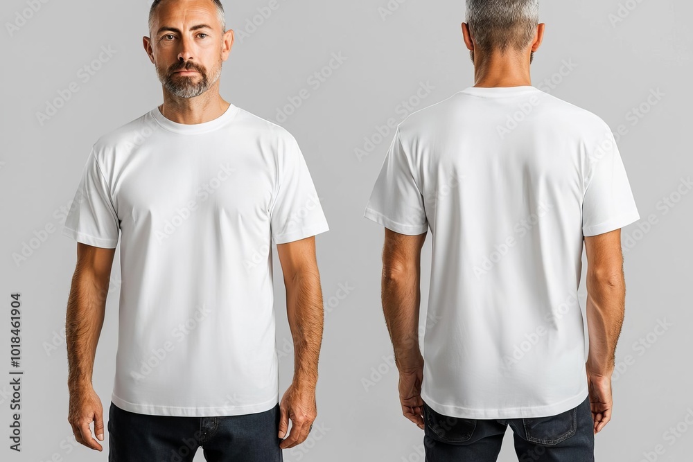 Front and back view of a man wearing a plain white t-shirt, blank design ready for mock-up, neutral background, minimal lighting, sharp focus Front and back view of a man wearing a plain white t-shirt, blank design ready for mock-up, neutral background, minimal lighting, sharp focus