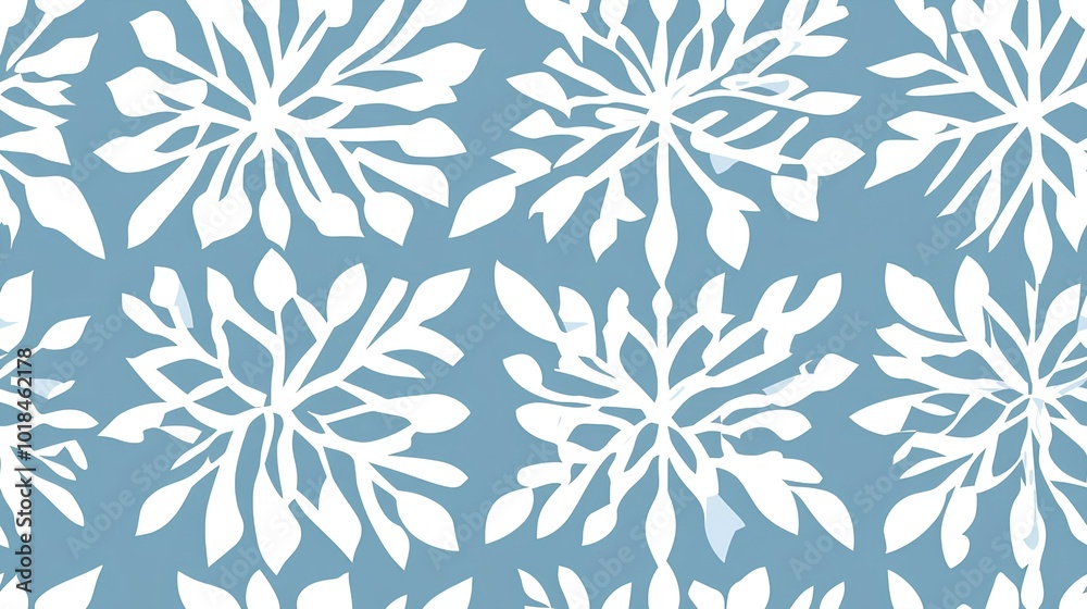 A pattern of white botanical shapes on a blue background, creating a fresh and modern floral design.