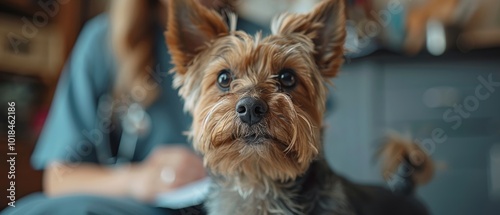 Close-up of a doctor petting a dog while taking notes in a clinic, real photo.