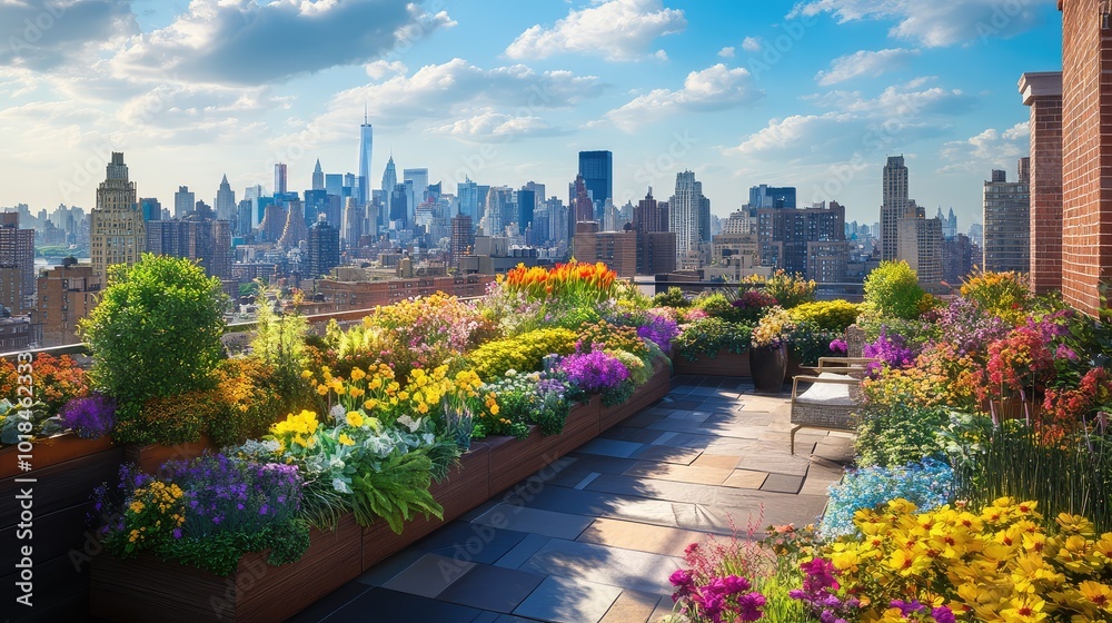 Fototapeta premium A rooftop garden filled with colorful flowers overlooking a sprawling city skyline, merging nature with urban life
