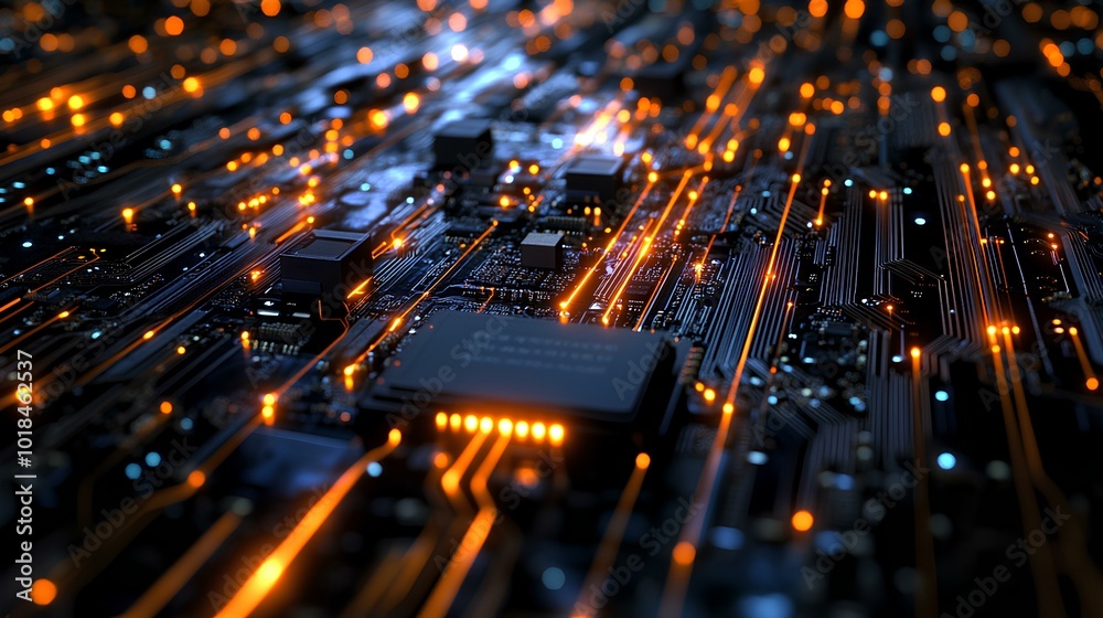 A close-up view of a circuit board, highlighting glowing connections and components, symbolizing technology and digital innovation. A close-up view of a circuit board, highlighting glowing connections and components, symbolizing technology and digital innovation.
