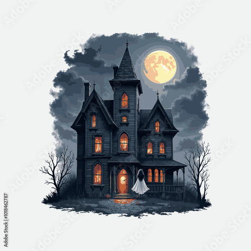 Halloween haunted house T-shirt Design, Hand drawn artistic illustration on a clean white background, Icon Concept isolated. High-quality vector artwork, ideal for spooky t-shirt prints.
