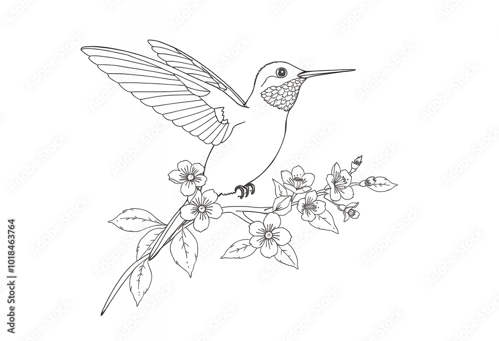 Hummingbird Perched on Branch with Flowers Line Art Illustration