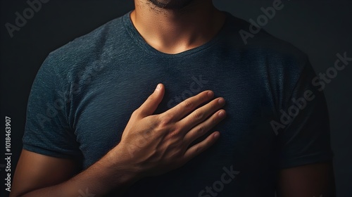 A person standing solemnly with their hand placed over their heart making a symbolic gesture of a pledge promise or solemn commitment  This image conveys the concepts of allegiance integrity