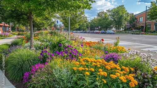 A street corner transformed with blooming flowers and greenery, enhancing the urban landscape with natural beauty