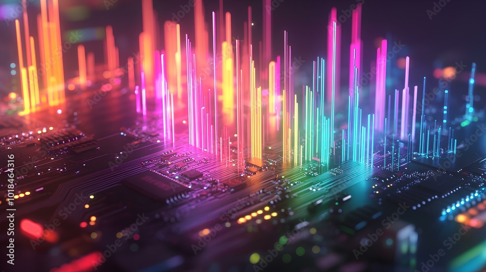 A vibrant display of digital sound waves emerging from a circuit board, showcasing colorful peaks and valleys in a mesmerizing futuristic setting. A vibrant display of digital sound waves emerging from a circuit board, showcasing colorful peaks and valleys in a mesmerizing futuristic setting.