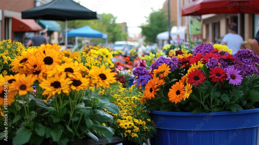 A vibrant floral display on a city street during a farmers' market, capturing the essence of community and nature A vibrant floral display on a city street during a farmers' market, capturing the essence of community and nature