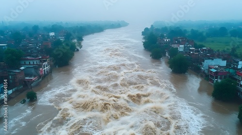 Aerial view of a raging river surging after heavy rainfall overflowing its banks and flooding the surrounding rural village  The powerful muddy waters have submerged the landscape photo