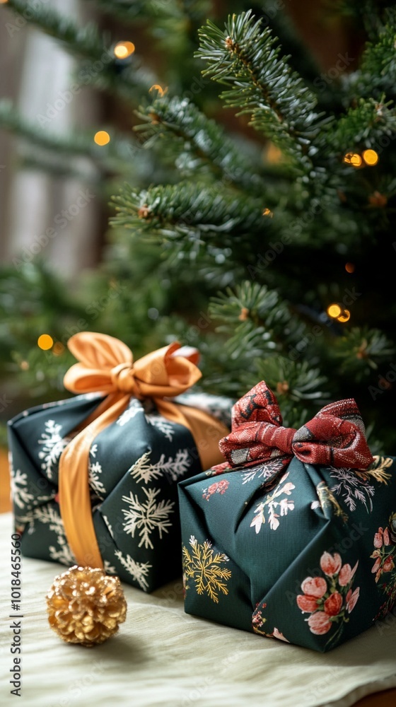 Elegantly wrapped gifts nestled beneath a twinkling Christmas tree, adorned with festive bows and intricate floral patterns, create a cozy holiday scene. Elegantly wrapped gifts nestled beneath a twinkling Christmas tree, adorned with festive bows and intricate floral patterns, create a cozy holiday scene.