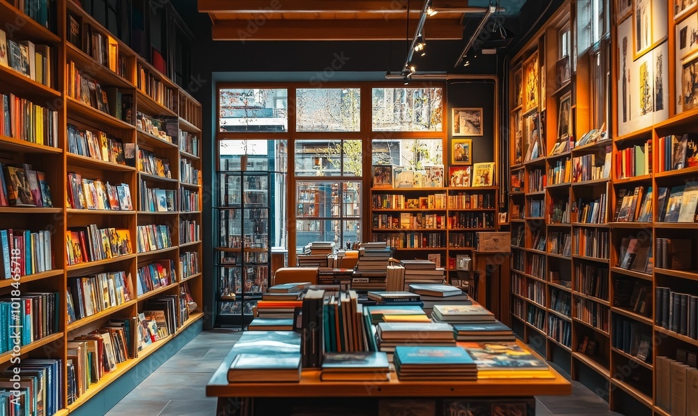 A bookstore with bookshelves, windows, and stacks of books.