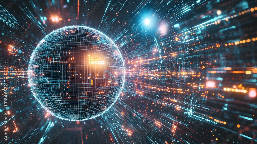 Fototapeta premium A futuristic digital sphere surrounded by glowing lines and particles, depicting concepts of technology, data, and connectivity.