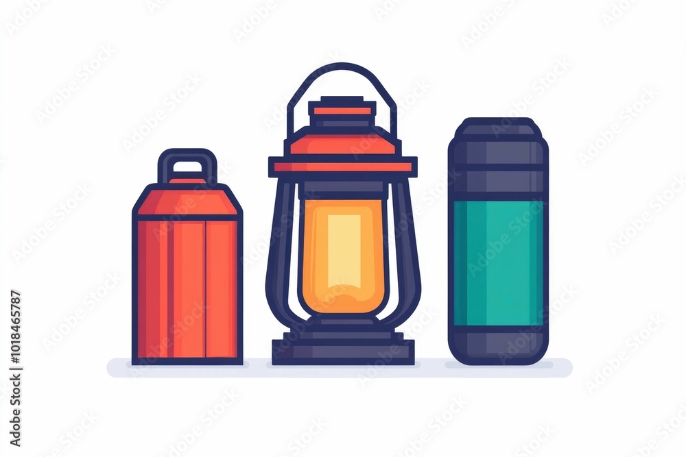 Minimalist icons depicting a lantern headlamp and flashlight showcasing a simple clean design perfect for outdoor adventure camping and hiking gear Minimalist icons depicting a lantern headlamp and flashlight showcasing a simple clean design perfect for outdoor adventure camping and hiking gear