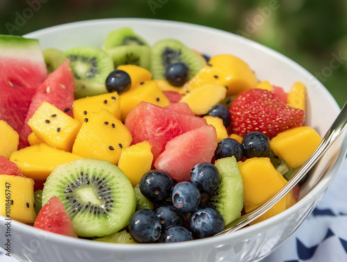 A bowl of colorful mixed fruit salad featuring watermelon, mango, blueberries, kiwi, and strawberries.