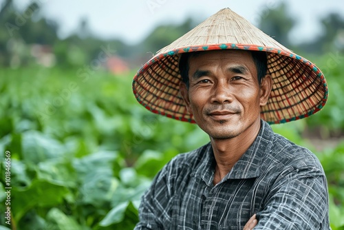 Portrait of a Vietnamese Man Wearing a Traditional Conical Hat in a Field