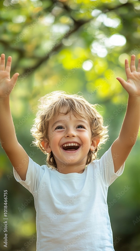 Joyful child with arms raised high, laughing with pure delight against a soft, green bokeh background of sunlit leaves, capturing innocence and happiness. Joyful child with arms raised high, laughing with pure delight against a soft, green bokeh background of sunlit leaves, capturing innocence and happiness.