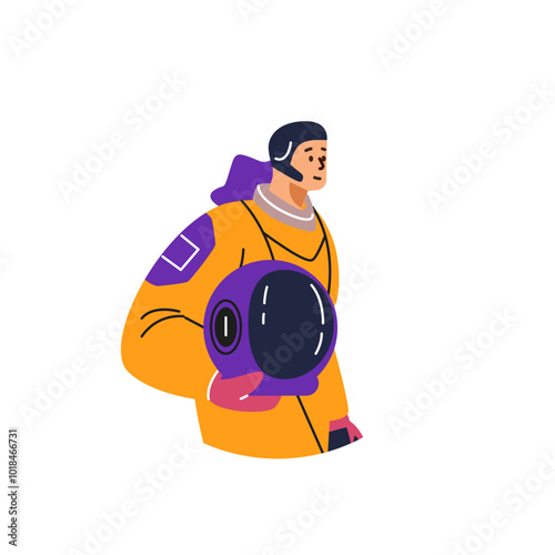 Vector illustration of a female astronaut in a spacesuit with a helmet in her hands.