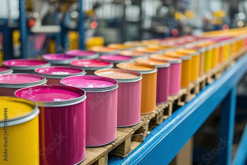 Colorful Paint Cans on a Conveyor Belt in a Factory