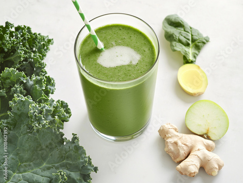 A glass of green detox smoothie made with kale, spinach, green apple, and ginger, sitting on a white marble countertop.  photo