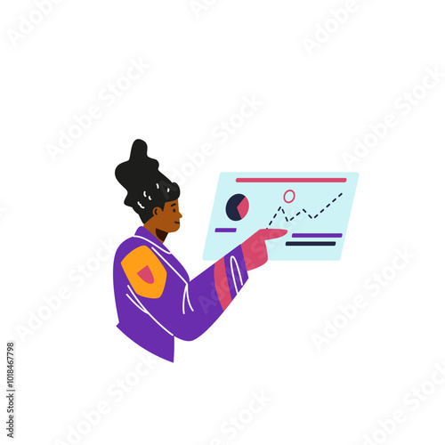 Vector illustration of a female astronaut working with a touchscreen in zero gravity