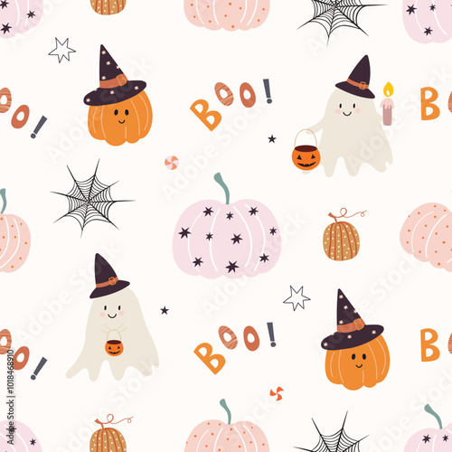 Halloween seamless pattern with ghosts and pumpkins, decorative background, festive background