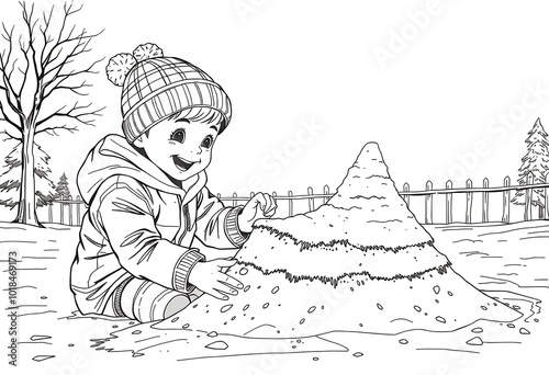 Happy Boy Building a Snowcastle in Winter Black and White Illustration photo