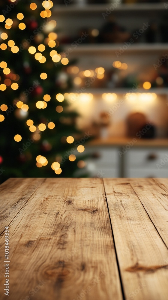 Rustic wooden table in foreground with blurred Christmas tree and kitchen cabinets in background, creating a warm and cozy holiday atmosphere. Rustic wooden table in foreground with blurred Christmas tree and kitchen cabinets in background, creating a warm and cozy holiday atmosphere.