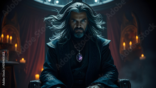 A man in a black robe sits in a chair with a purple stone around his neck