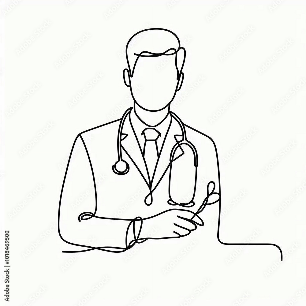 Minimalistic drawing of a healthcare professional sits poised with a stethoscope, representing dedication to patient care Minimalistic drawing of a healthcare professional sits poised with a stethoscope, representing dedication to patient care