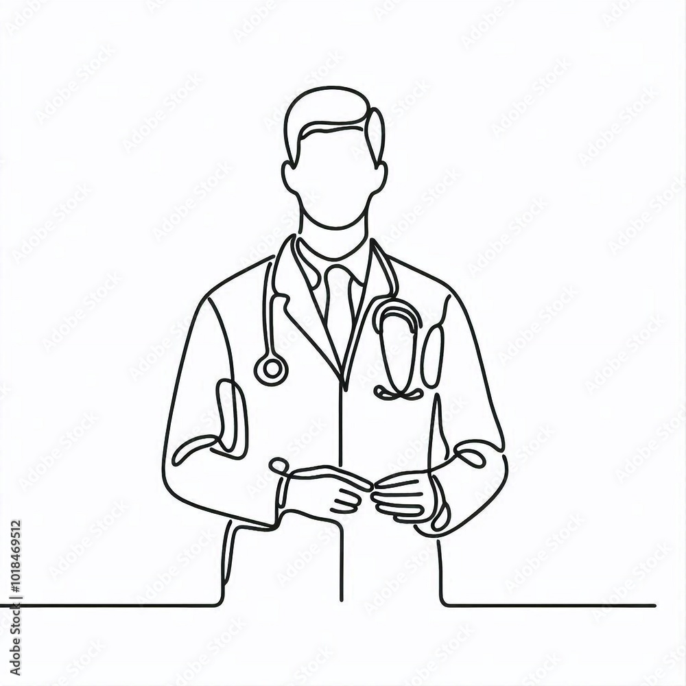 Minimalistic drawing of a doctor sits calmly, displaying his stethoscope as a symbol of his medical profession Minimalistic drawing of a doctor sits calmly, displaying his stethoscope as a symbol of his medical profession