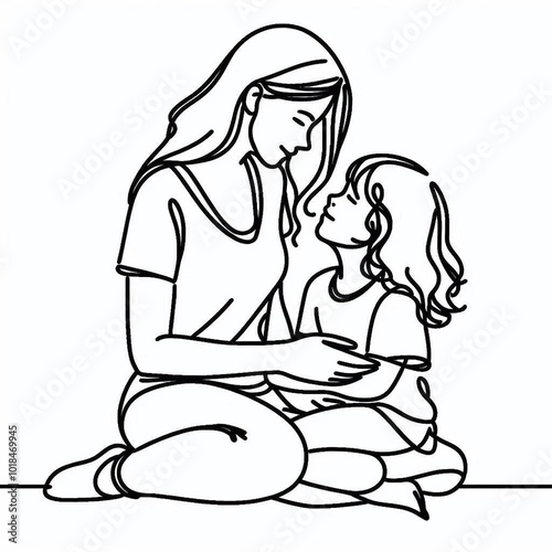 Minimalistic drawing of a woman gently holds the hands of a young girl, both connected in a moment of tenderness