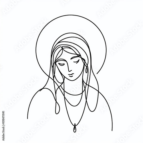 This minimalistic line art captures the serene expression of a saintly figure with a radiant halo