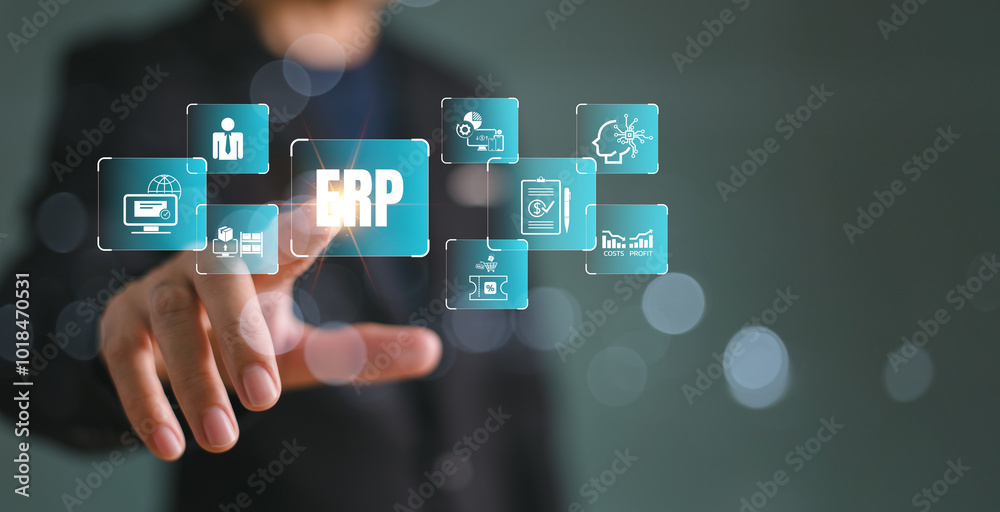ERP software system for business sale and promotion planning concept. Enterprise accounting resource network solution. Business people use tablet with ERP data icon to analyze marketing technology ERP software system for business sale and promotion planning concept. Enterprise accounting resource network solution. Business people use tablet with ERP data icon to analyze marketing technology