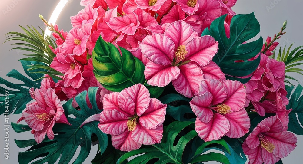Watercolor painting of pink azaleas and tropical leaves Watercolor painting of pink azaleas and tropical leaves