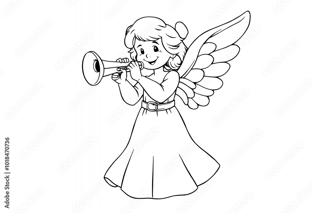 Cute Angel with Wings Playing Trumpet Christmas Illustration