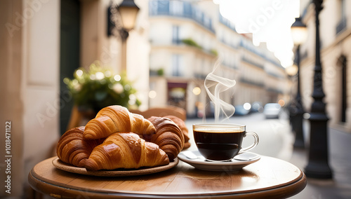 Parisian cafe experience with fresh croissants and coffee. photo