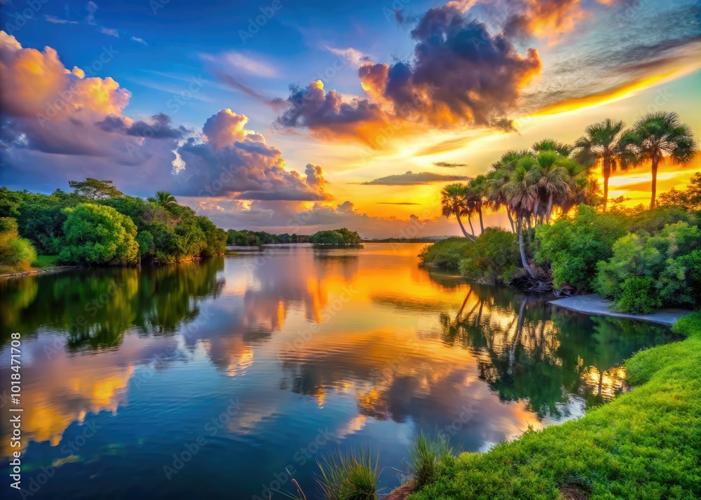 Obraz premium A beautiful sunset casts brilliant colors over the tranquil waters of Sawfish Bay Park, where lush greenery frames the peaceful landscape inviting reflection and serenity.