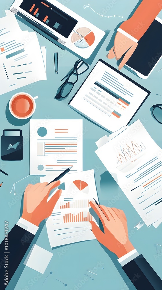 Flat vector illustration of a business team working together on a project, with charts and graphs laid out on the table Flat vector illustration of a business team working together on a project, with charts and graphs laid out on the table