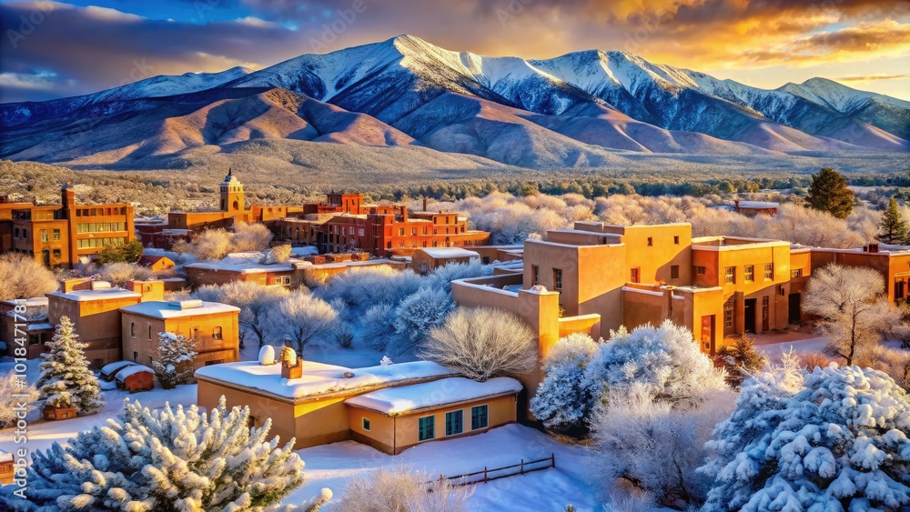 Obraz premium A beautiful winter scene in Santa Fe, New Mexico showcases majestic snow-covered mountains alongside charming architecture, creating a picturesque and serene landscape.