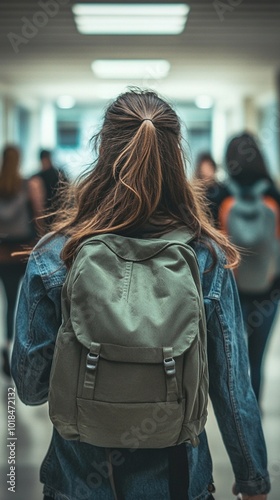 Back view of a student with long hair and backpack walking down a busy school hallway, capturing the essence of everyday campus life and education.