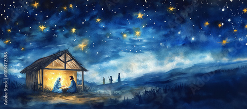 Christmas Nativity Scene in Watercolor Illustration. This beautiful watercolor illustration depicts a classic Christmas Nativity scene, complete with the Holy Family and the three wise men.