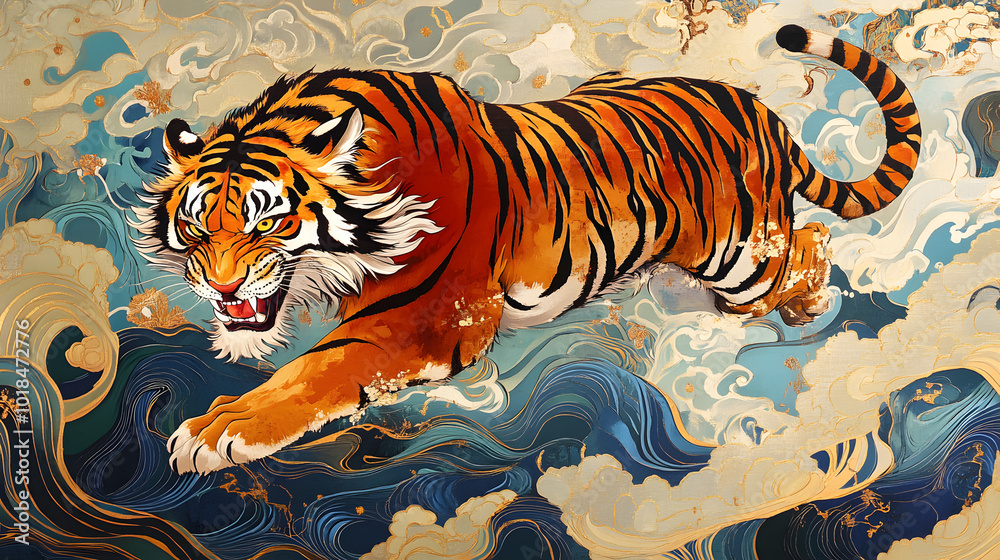Old Japanese Tiger illustration, Asian Tiger background pattern Old Japanese Tiger illustration, Asian Tiger background pattern
