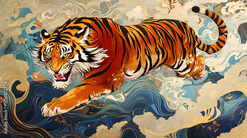 Old Japanese Tiger illustration, Asian Tiger background pattern photo