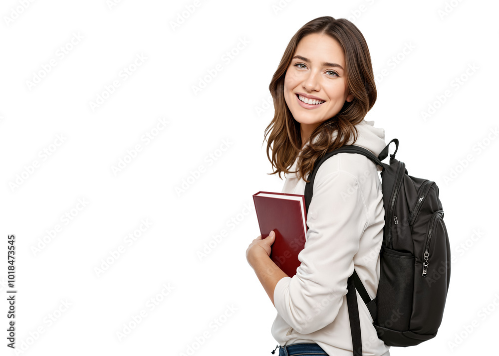 Smiling Young Female Student with Backpack and Book. Isolated on Transparent Background. PNG. Smiling Young Female Student with Backpack and Book. Isolated on Transparent Background. PNG.