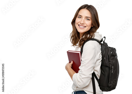 Smiling Young Female Student with Backpack and Book. Isolated on Transparent Background. PNG.