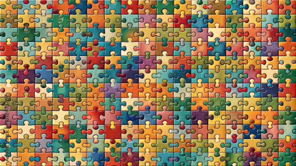 A vibrant jigsaw puzzle featuring a multitude of interlocked pieces, each showcasing unique, saturated hues and a glossy sheen. A vibrant jigsaw puzzle featuring a multitude of interlocked pieces, each showcasing unique, saturated hues and a glossy sheen.