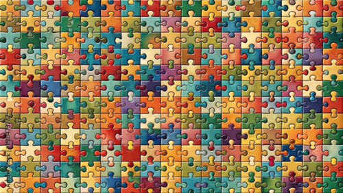 A vibrant jigsaw puzzle featuring a multitude of interlocked pieces, each showcasing unique, saturated hues and a glossy sheen.