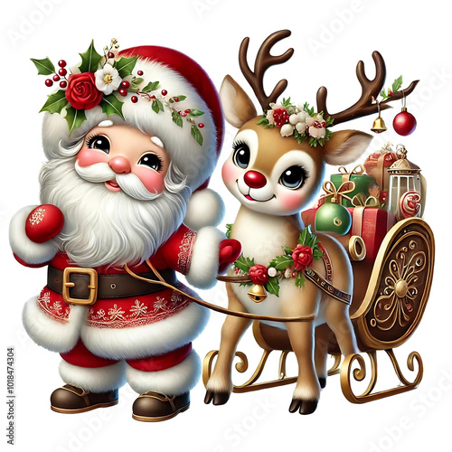 Christmas Santa Claus with Reindeer and Gifts Clipart, Christmas Festival Celebration photo