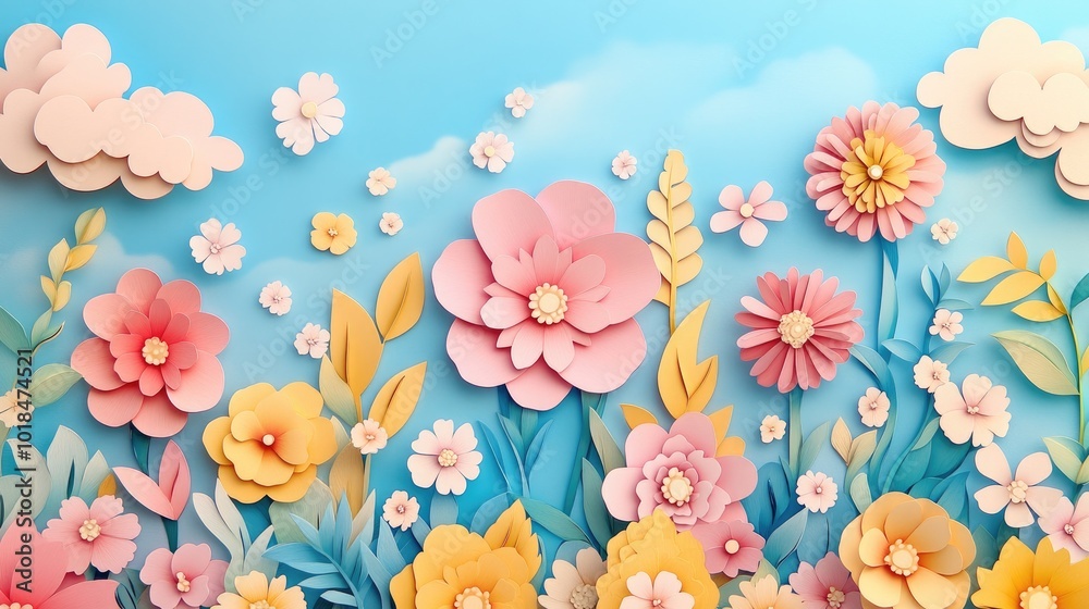 Vibrant blooms paired with fluffy clouds in a picturesque sky Colorful flowers and soft clouds in a beautiful sky