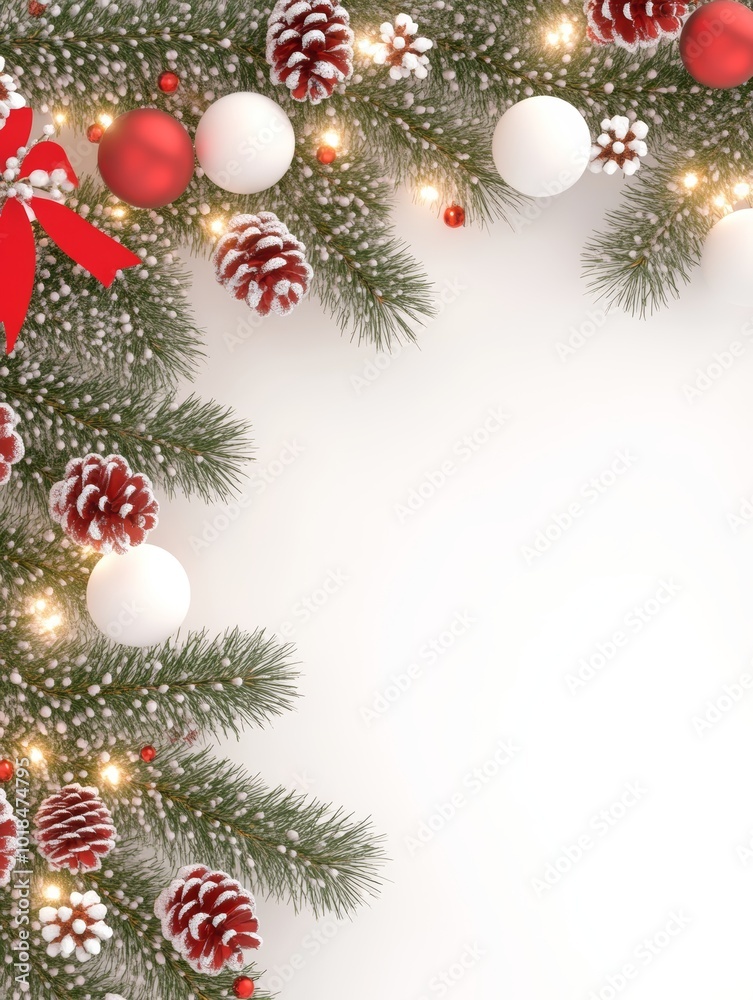 Christmas frame with evergreen branches, red baubles, and glittery red decorations on a light background. Christmas frame with evergreen branches, red baubles, and glittery red decorations on a light background.