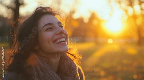 Radiant joy captured in golden hour light: a woman's genuine laughter illuminates her face, hair gently tousled by breeze, embodying pure happiness and warmth. photo